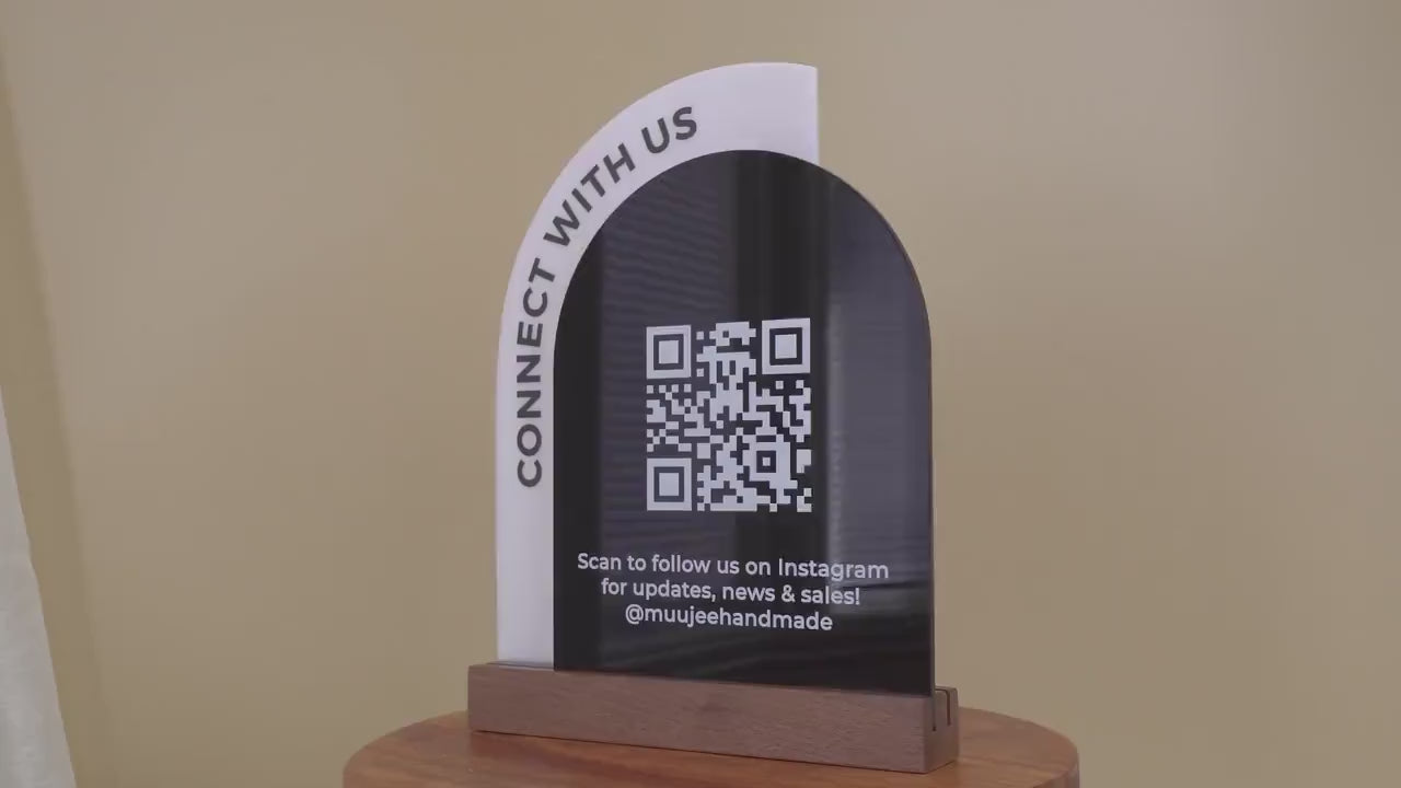 Full Arch Double Acrylic Sign w/ Walnut Base (QR Code D2) - Scannable Scan to Pay Signage, Business Website Social Media Venmo Craft Shows