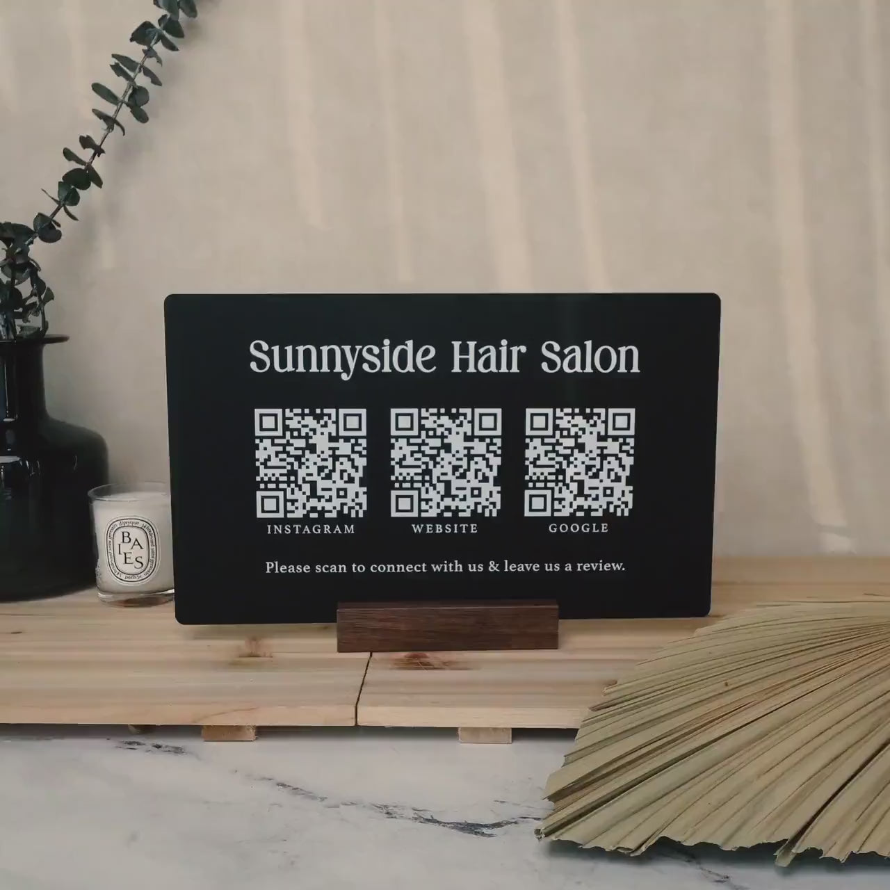 3 QR Codes Business Sign w/ Wood Stand - 11.5x7" Scannable Acrylic Instagram Tiktok Website Business Salon Restaurant Bar Reviews Tips Sign