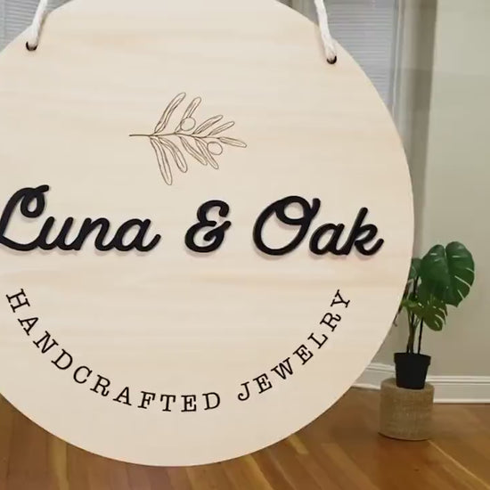 Round Hanging Wooden Sign w/ White Rope - Custom Business Signage, Minimalist Circle Wall Decor, Personalized Booth or Store Display