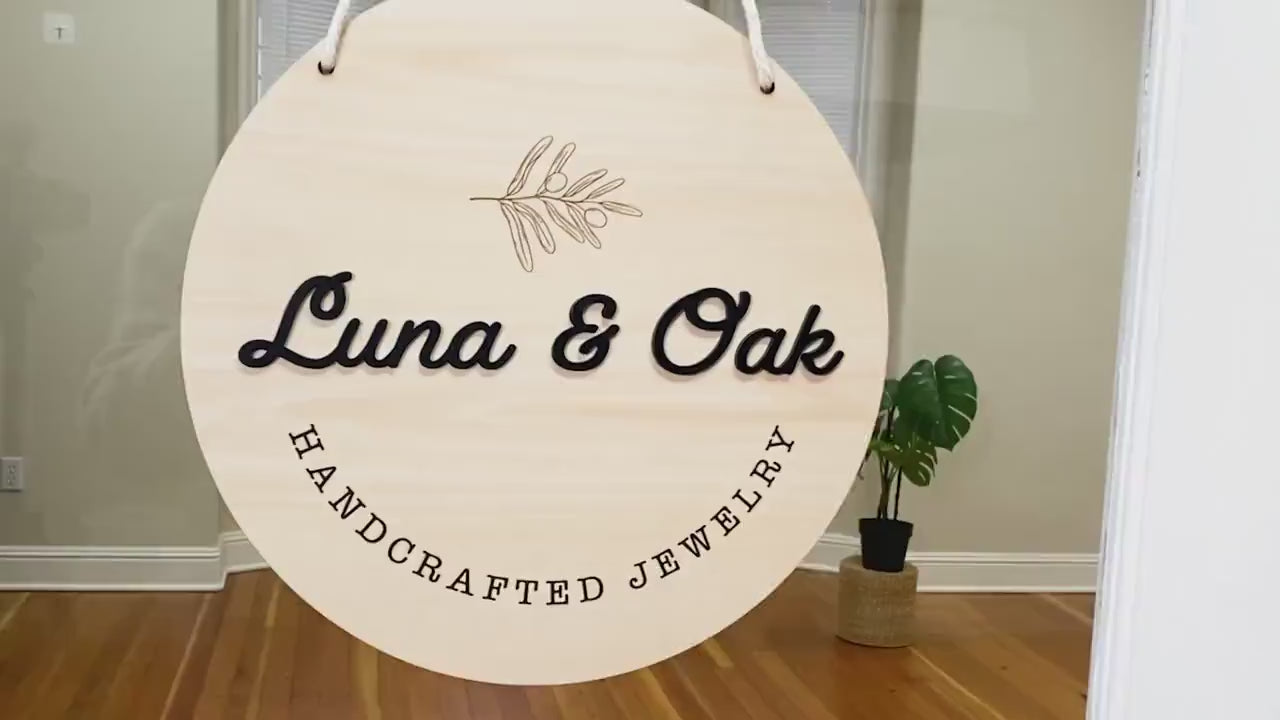 Round Hanging Wooden Sign w/ White Rope - Custom Business Signage, Minimalist Circle Wall Decor, Personalized Booth or Store Display