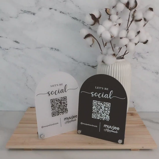 Arched QR Code Social Media Sign - 6x7.75" Scannable Table Desk Signage, Social Media for Small Business, Custom Salon Restaurant Bar Signs