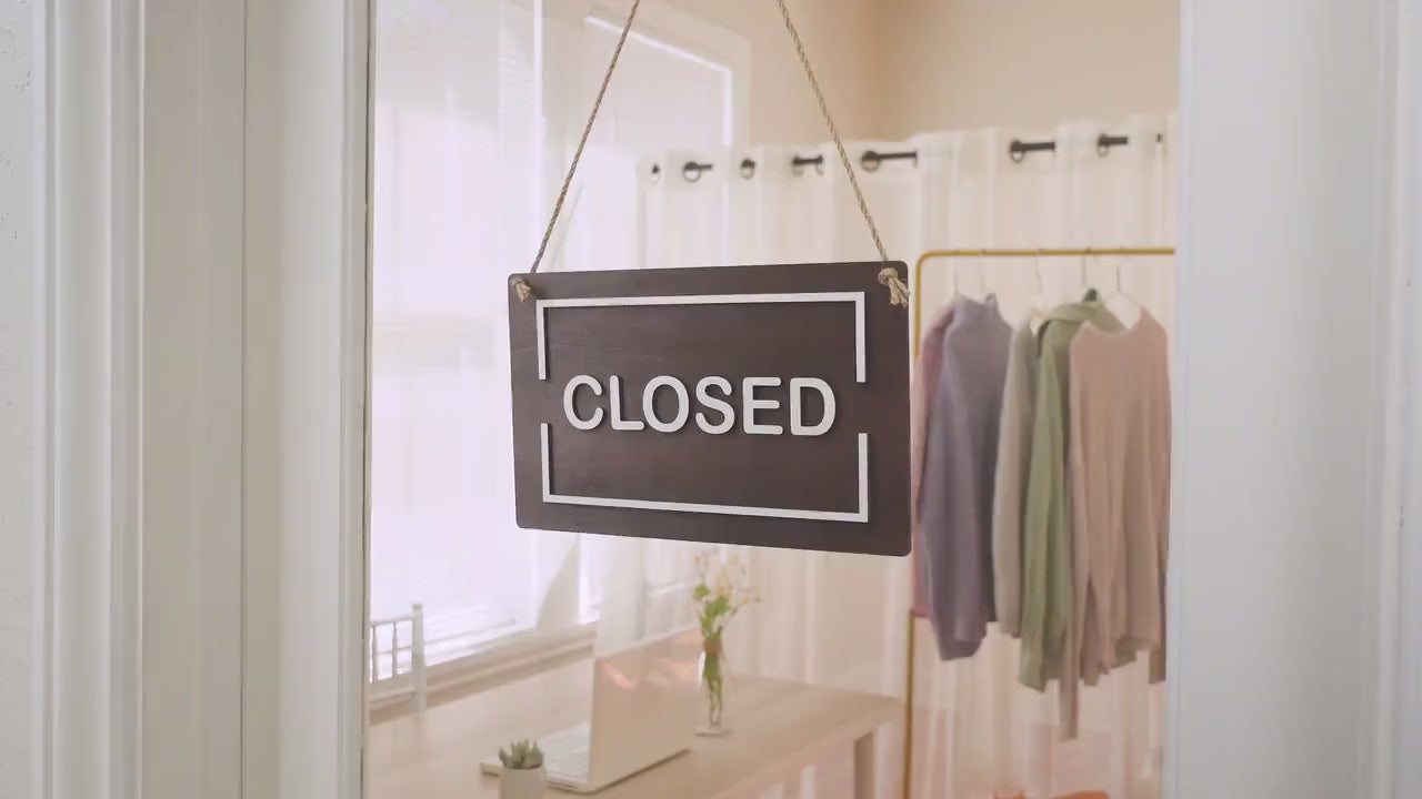Open Closed Wood Hanging Sign (Design 1) - Double Sided Business Sign For Boutique Shop Storefront Window Signage Outdoor with White Rope