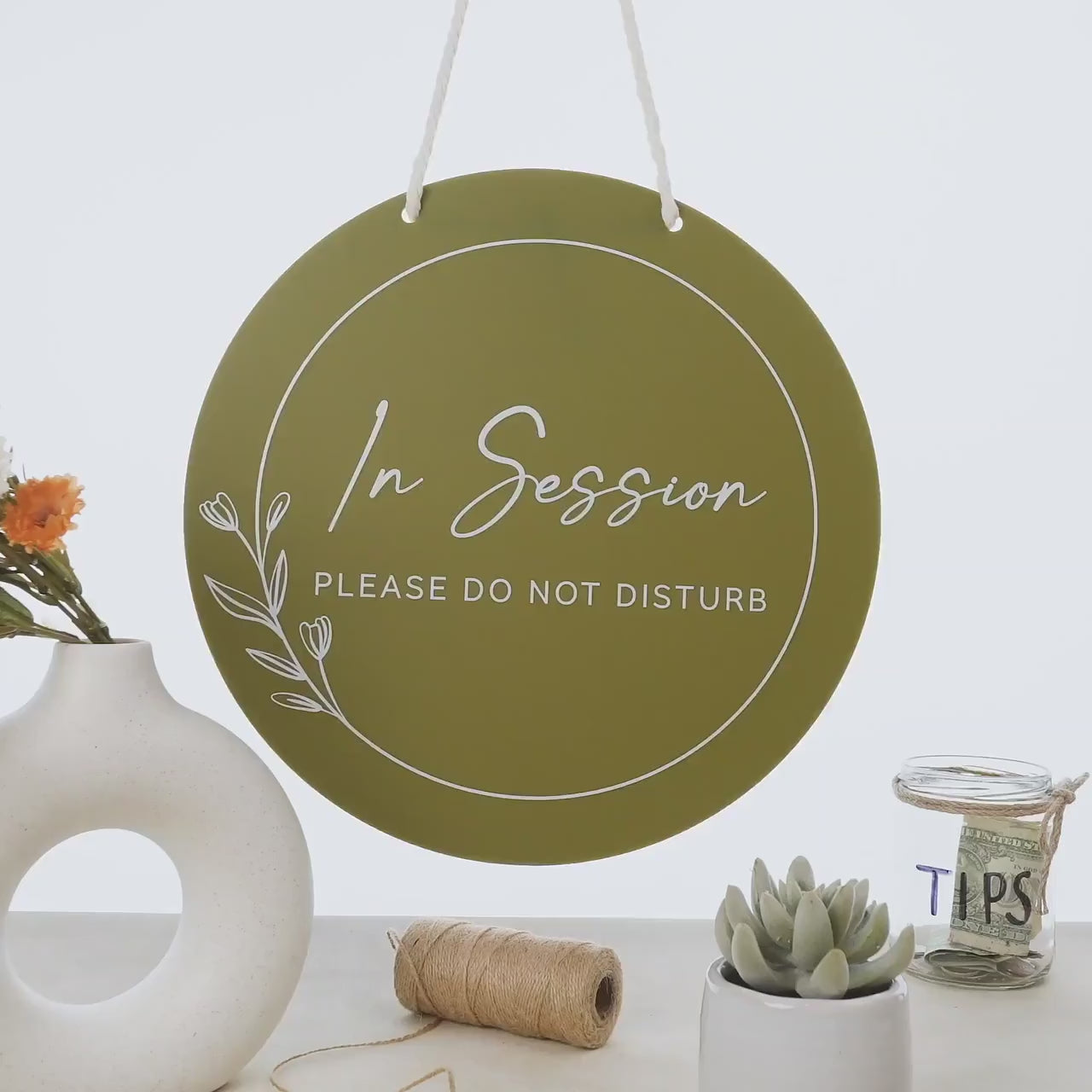 Round Hanging Acrylic Sign (In Session) w/ White Rope - Custom window signage for office, rental, small business logo, trade shows signs