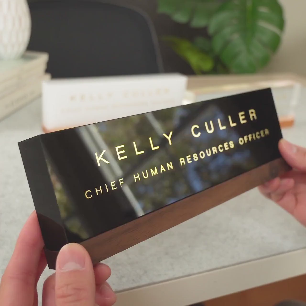 Personalized Foil Acrylic Name Block (Black) w/ Optional Wood Base - Minimal Executive Desk CEO Sign, Job Office Teacher or Promotion Gift
