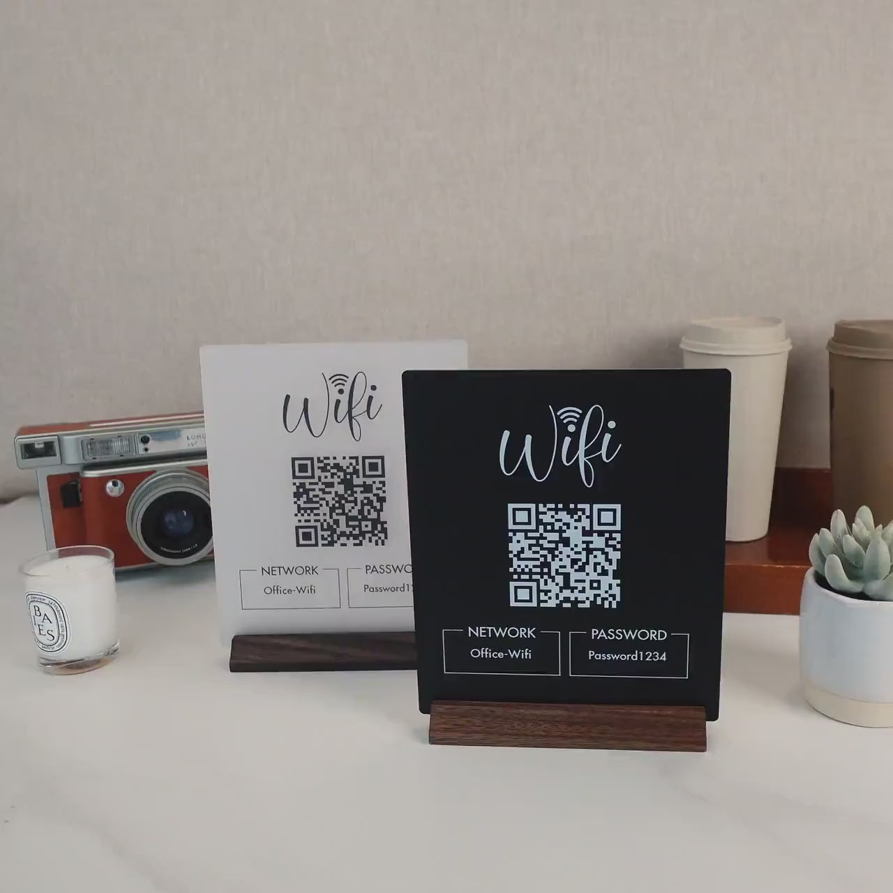 QR Code Wifi Acrylic Sign w/ Wood Base - 6.5 x 7.75" Table Sign for Home & Airbnb Rental, Small Business Nail Salon Restaurant Bar Signage
