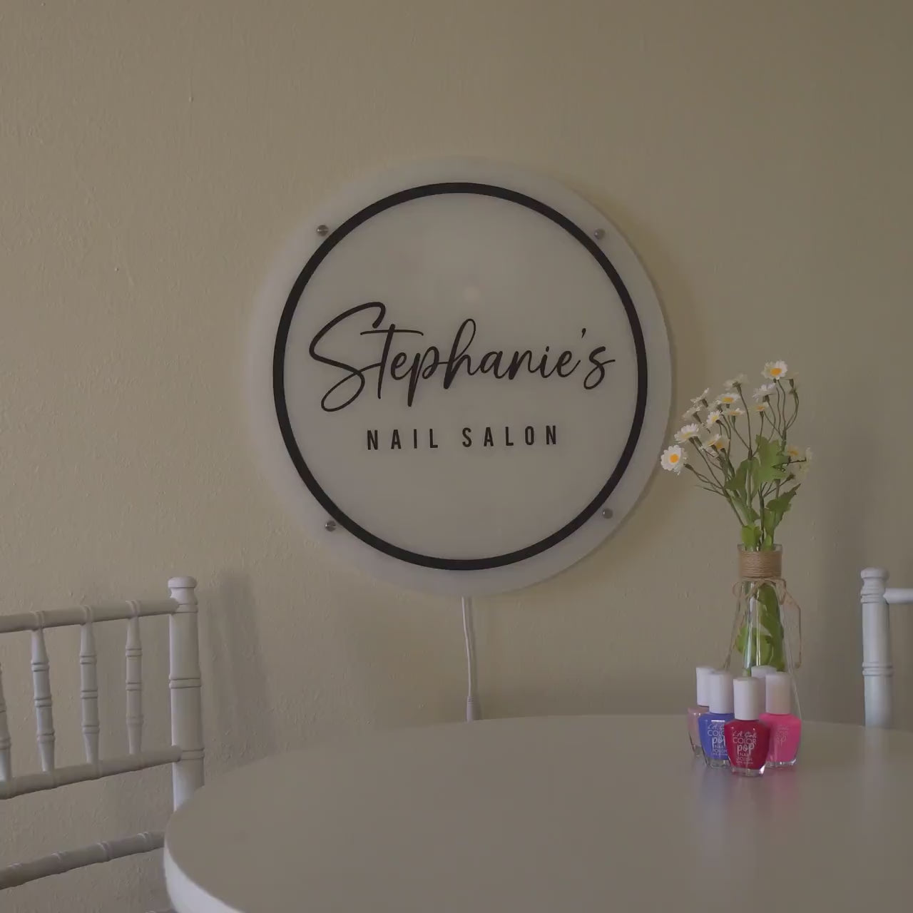 LED Round Sign With 4 Holes - Custom Led Light Acrylic Business Logo Sign for Beauty Salon Owners, Hair Nail Stylist Makeup Massage Skincare