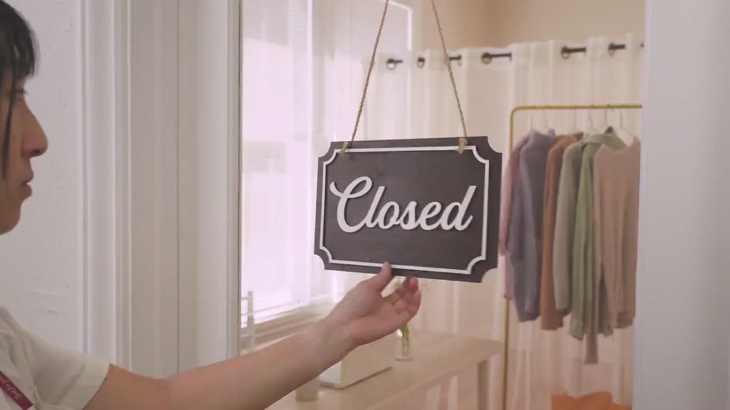Open Closed Wood Hanging Sign (Design 3) - Double Sided Business Storefront Signage for Restaurants Retail Store Mom Pop Vintage Boutique