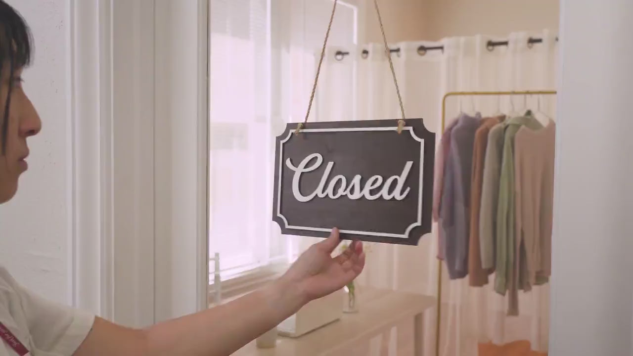 Open Closed Wood Hanging Sign (Design 3) - Double Sided Business Storefront Signage for Restaurants Retail Store Mom Pop Vintage Boutique