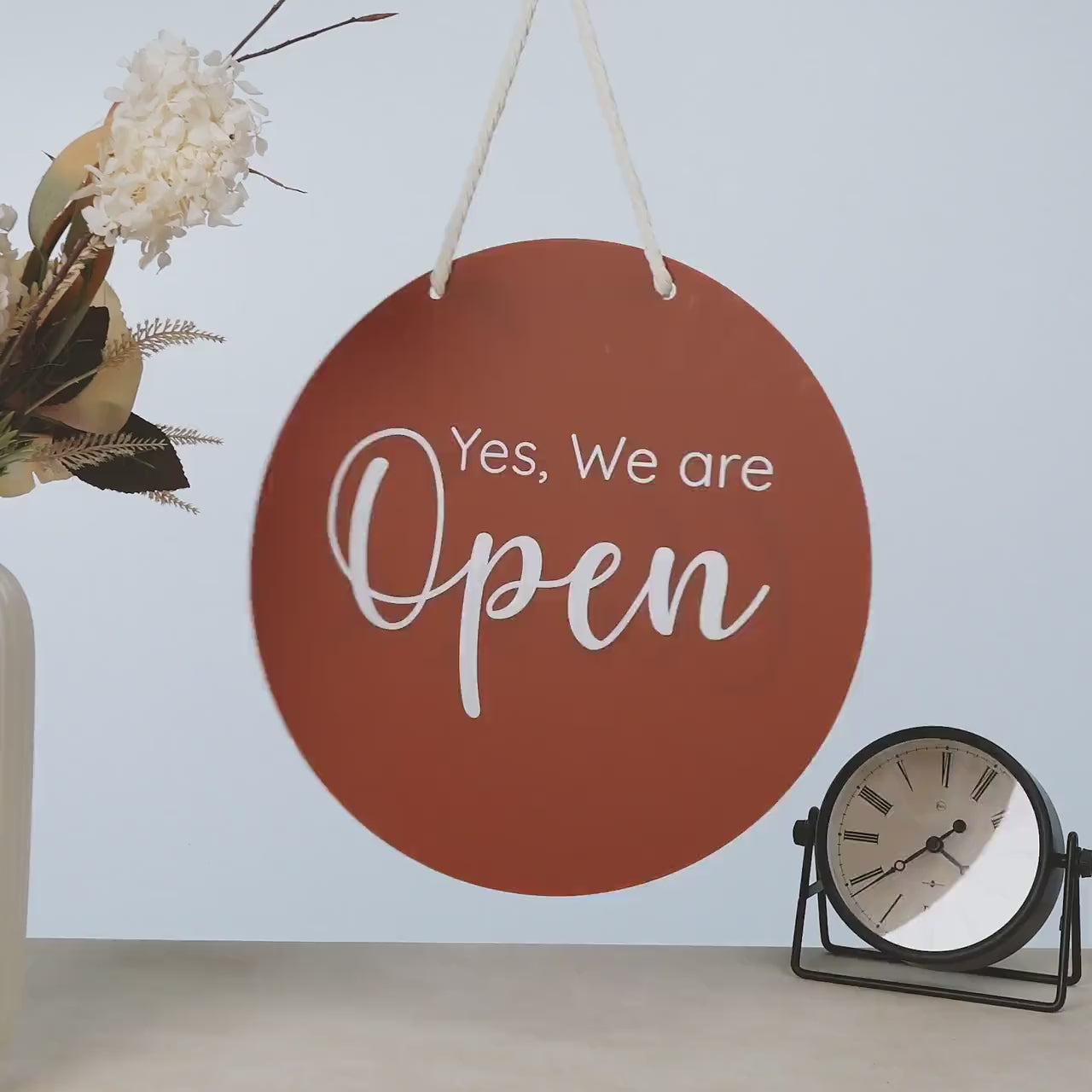 Round Hanging Acrylic Sign (Open & Closed) Double Sided w/ White Rope - Back to back custom signage office home rental door, small business