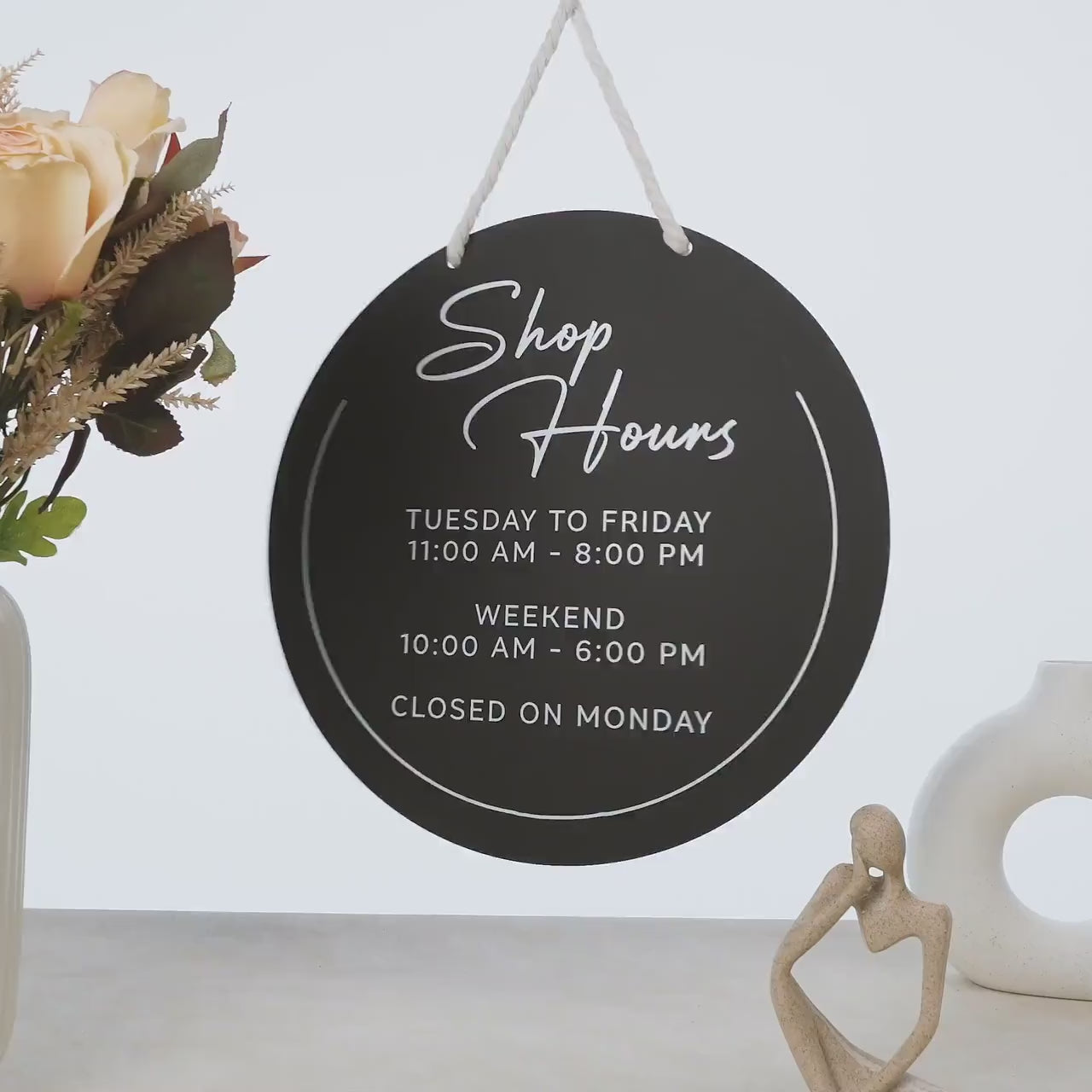 Round Hanging Acrylic Sign (Store Hours) w/ White Rope - custom signage for office home rental door, small business, spa salon working signs
