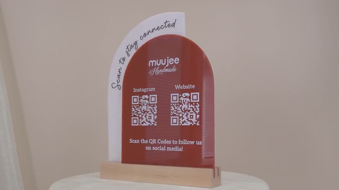 Full Arch Double Acrylic Sign (2 QR Codes w/ Logo) - Scannable Scan to Pay Table Market Signs Business Website Social Media Venmo (Design3)