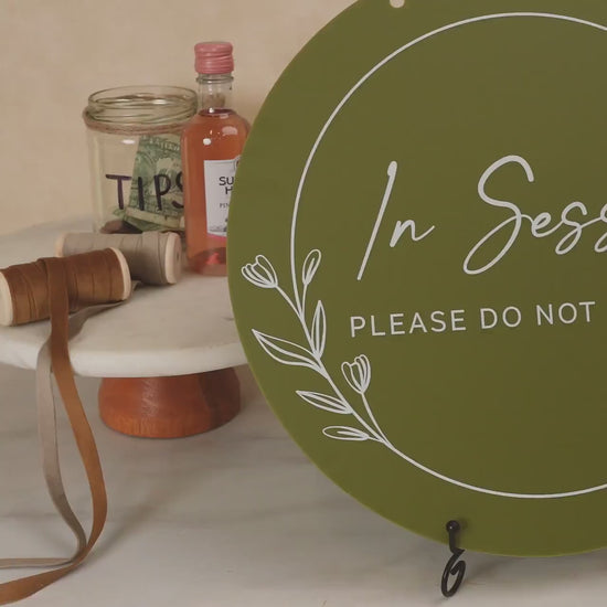 Round Acrylic Sign (In Session) w/ No Holes - Custom signage for office door small business owner craft fair event gift logo trade show