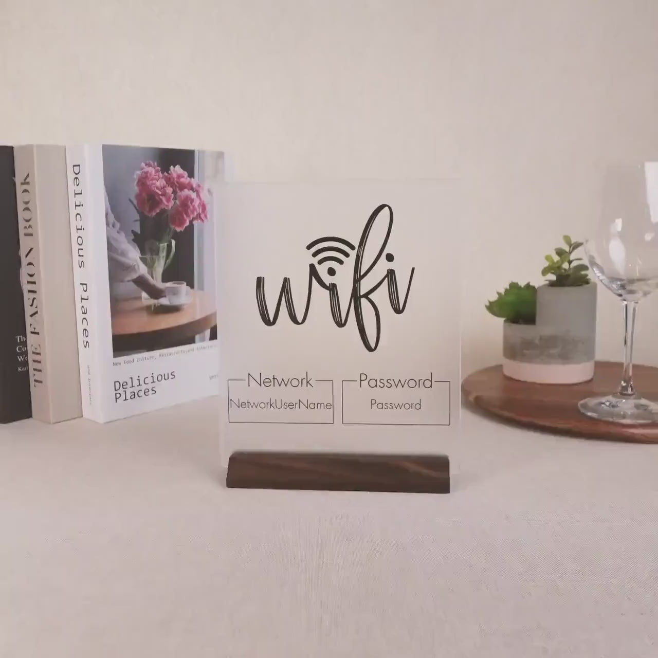Wifi Password Acrylic Sign w/ Wood Base - 6.5 x 7.75" Standing Table Sign for Home & Airbnb Rental, Small Business Sign