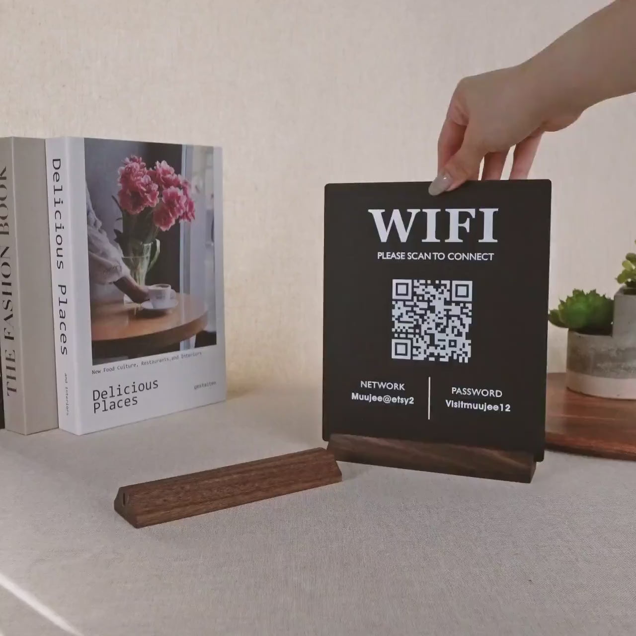 QR Code Wifi Acrylic Sign w/ Wood Base - 6x7.75" Table Sign for Home & Airbnb Rental, Sign for Small Business Office Signage, Salon Spa Wifi