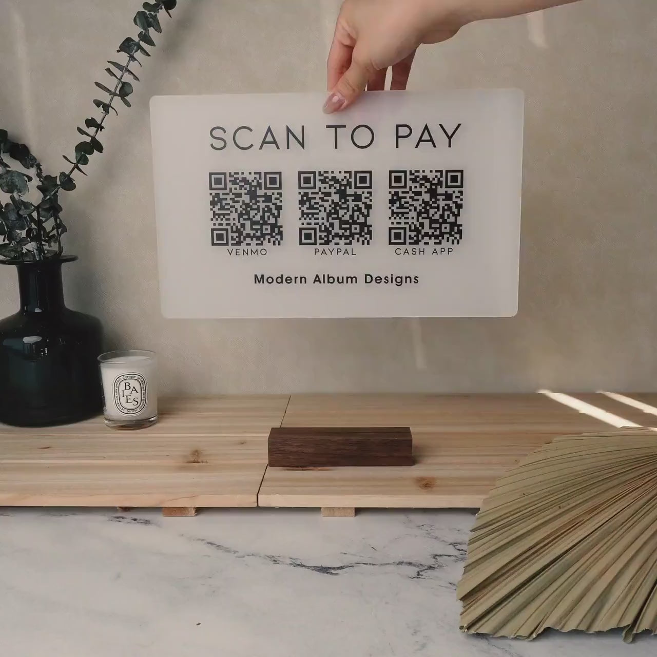 3 QR Codes Scan to Pay w/ Wood Stand - 11.5x7" Scannable Acrylic Desk Signs, Instagram Venmo Website Business Restaurant Bar Reviews Tips