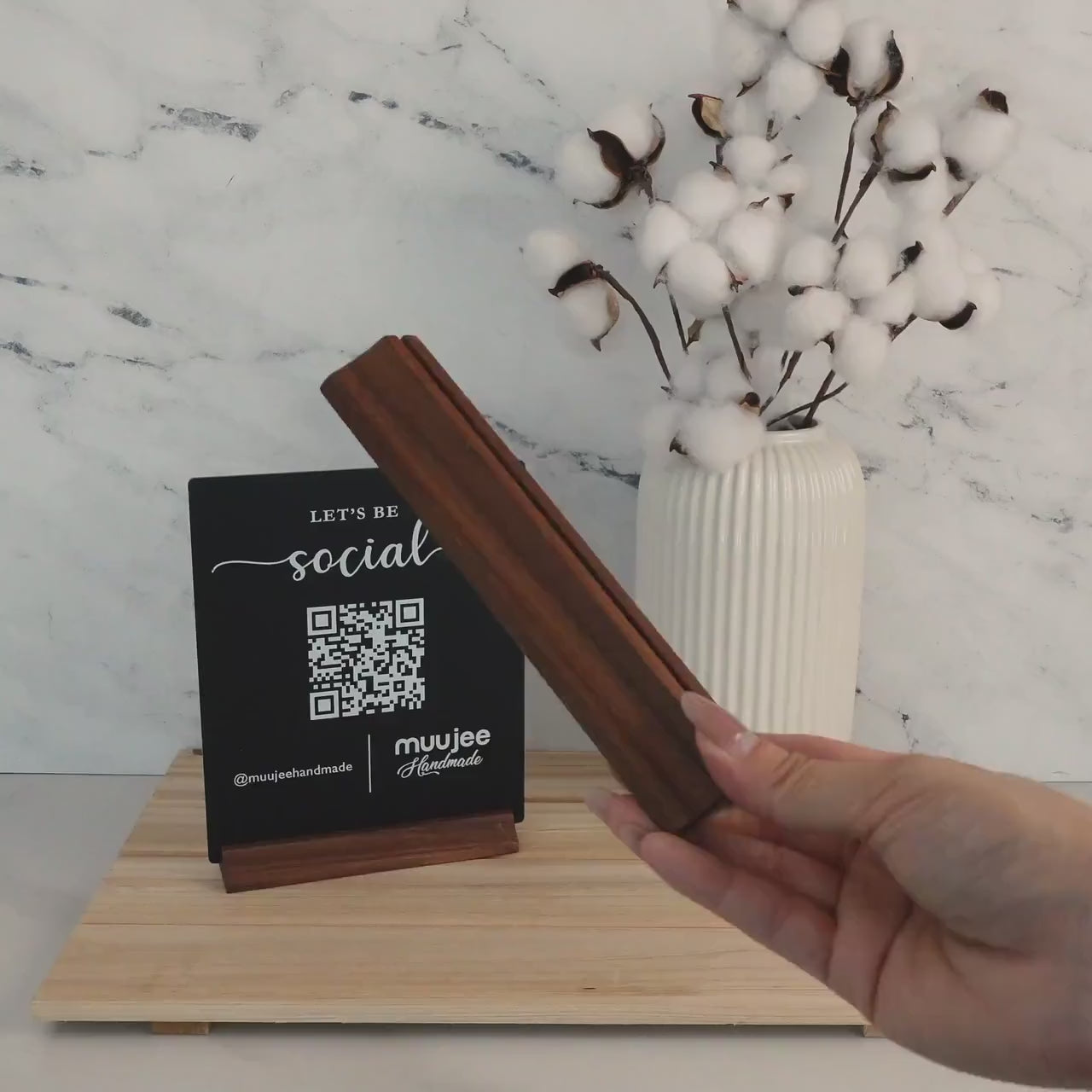 QR Code Social Media Sign w/ Wood Stand - 6.5 x 7.75" Logo Optional Scannable Acrylic Instagram Website Sign for Business Salon Restaurant