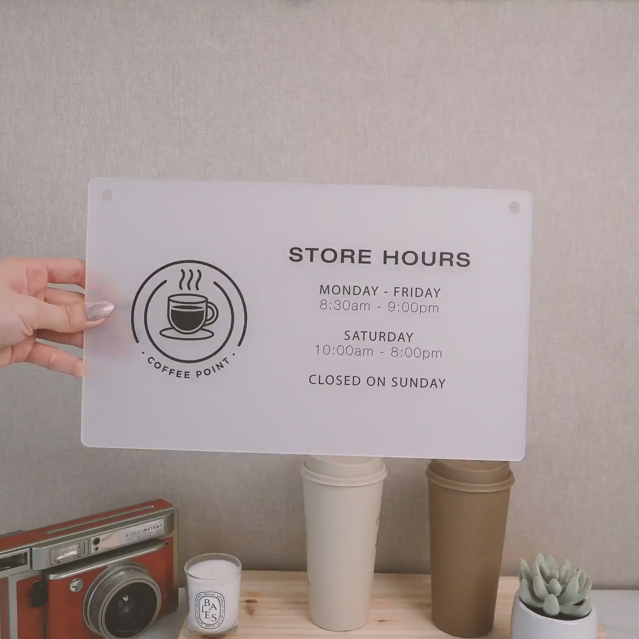 Store Hours w/ Logo Acrylic Sign & Black Hanging Chain - 11.5x7" Custom Sign for Medical Office Boutique Store Window Door Business Hours