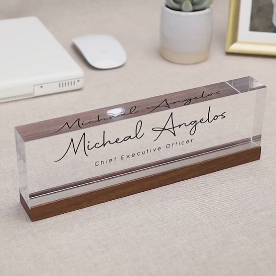 Personalized Acrylic Name Block (D2) - w/ Optional Wooden Base, Minimal Executive Desk CEO Sign, Job Office Decor Teacher Manager Gift