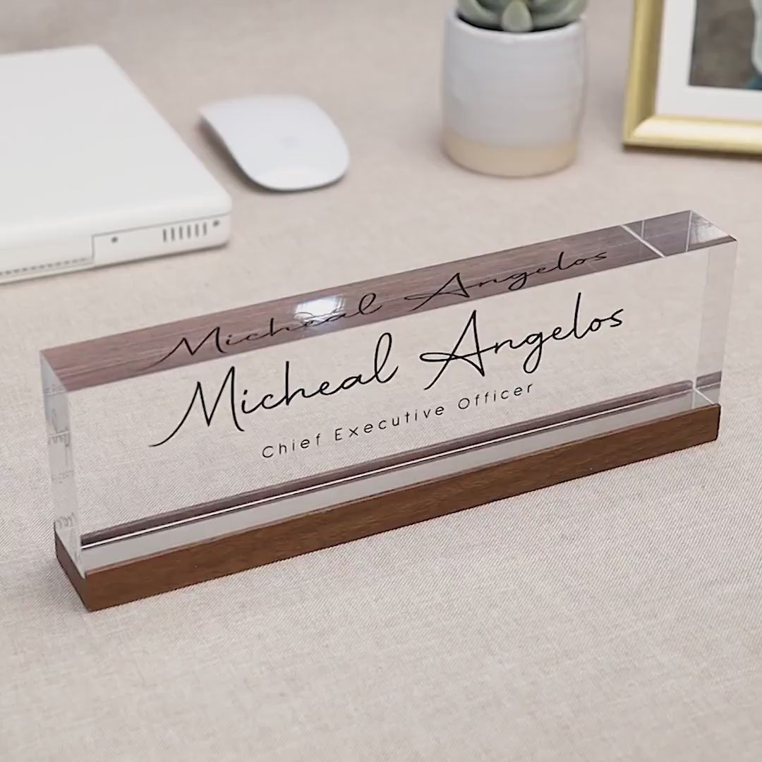 Personalized Acrylic Name Block (D2) - w/ Optional Wooden Base, Minimal Executive Desk CEO Sign, Job Office Decor Teacher Manager Gift