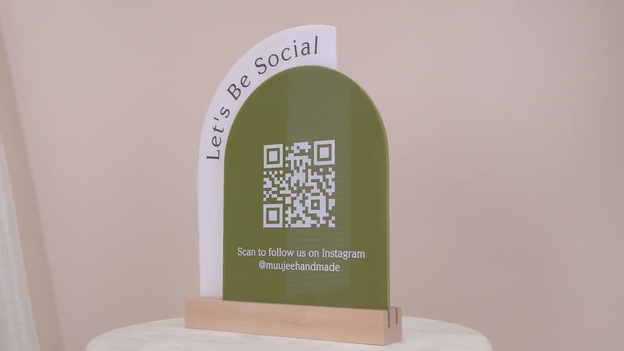 Full Arch Double Acrylic Sign w/ Maple Base (QR Code D1) - Scannable Scan to Pay Signage, Business Website Social Media Venmo Craft Shows