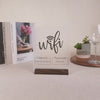 Wifi Password Acrylic Sign w/ Wood Base - 6.5 x 7.75" Standing Table Sign for Home & Airbnb Rental, Small Business Sign