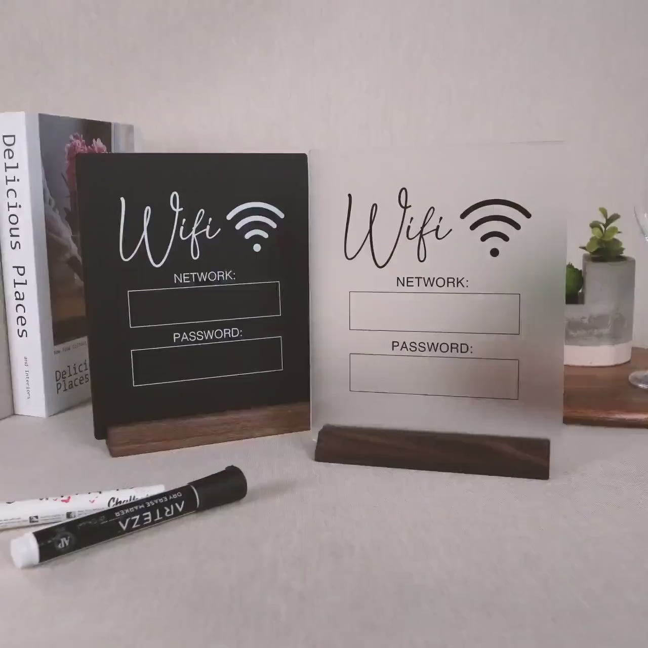 Dry Erase Wifi Acrylic Sign w/ Wood Base (Ready to Ship) - 6.5 x 7.75" Sign for Home & Airbnb Rental, Business Restaurants Bars Hotel