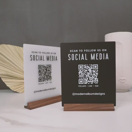 QR Code Social Media Sign w/ Wood Stand - Scannable Office Table Desk Signage, Social Media for Small Business, Salon Restaurant Bar Signs
