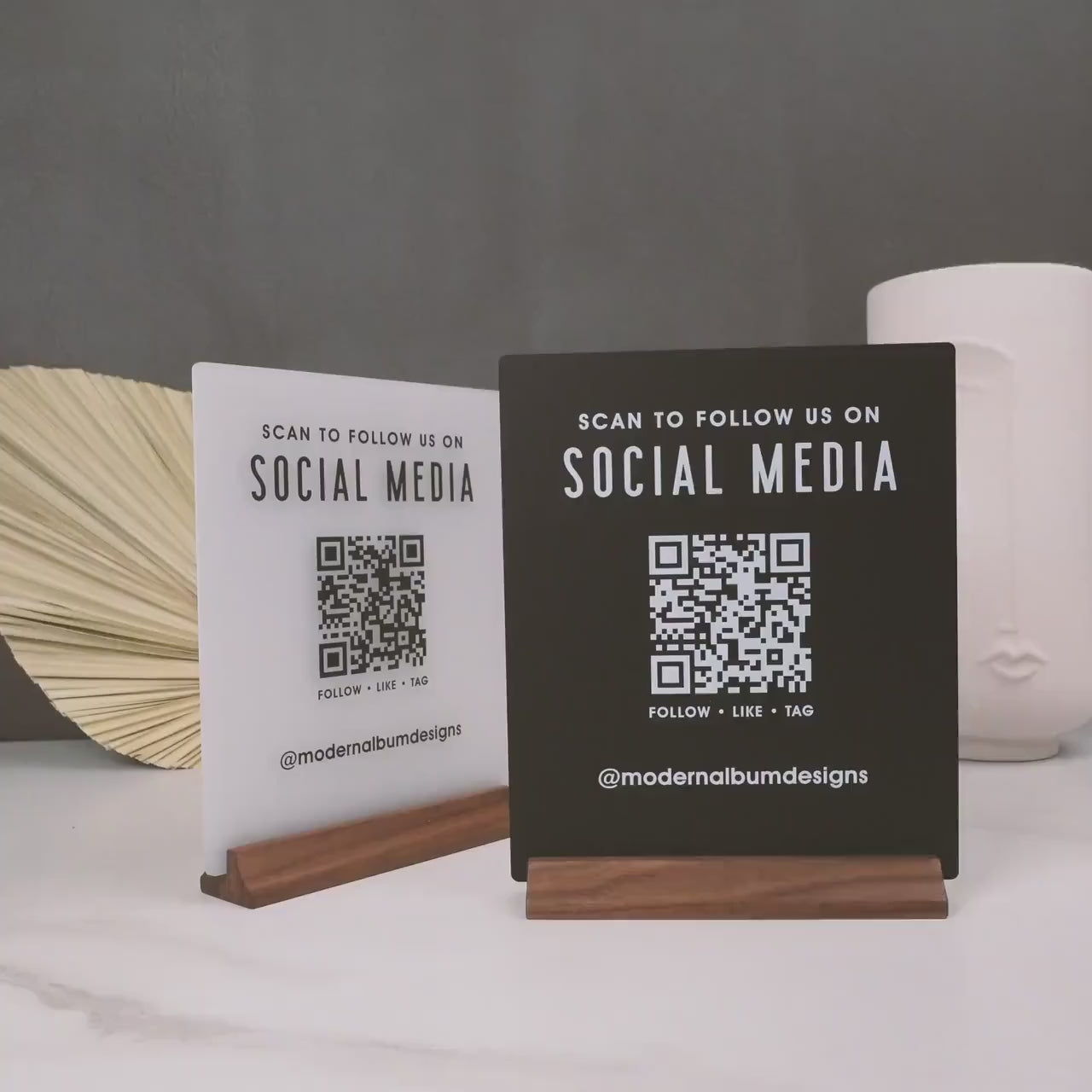 QR Code Social Media Sign w/ Wood Stand - Scannable Office Table Desk Signage, Social Media for Small Business, Salon Restaurant Bar Signs